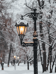 灰色水摄影照片_冬季公园的灯柱在树木和天空映衬下的复古黑色路灯