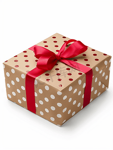 有惊喜礼品摄影照片_米色圆点礼品盒白色背景上有红丝带蝴蝶结