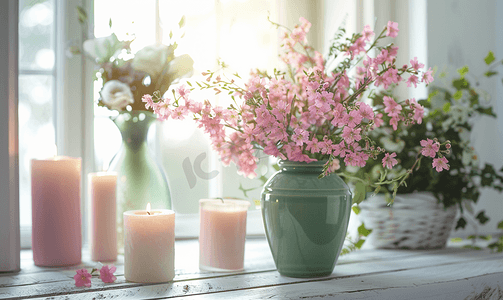 色彩纹理摄影照片_绿色花瓶里美丽的粉红色花朵和白色木制马桶上的蜡烛
