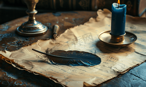复古书法背景摄影照片_墨水瓶中的羽毛笔圆桌上的老式烛台和纸