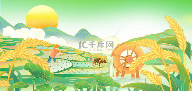中国风荷叶纹背景图片_绿色夏季夏天芒种稻田耕田农民麦子荷叶背景