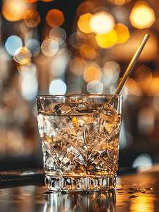 酒吧桌上的银色玻璃杯中盛有冰块的酒精鸡尾酒
