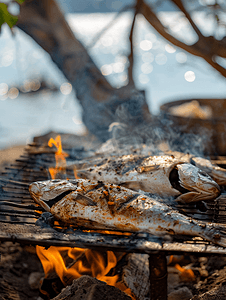 吃烧烤摄影照片_烤鲜鱼在户外用火烹饪烧烤海鲜