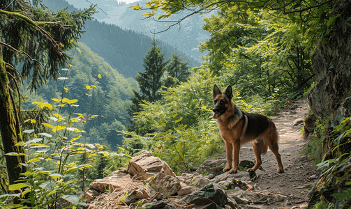 多巴胺传达摄影照片_喀尔巴阡山脉森林中的多夫布什岩石和孤独野狗的小径