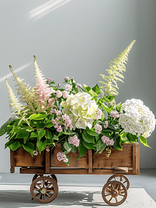 考场安排摄影照片_木车中的花组成盛开的落新妇铁线莲绣球花和玉簪
