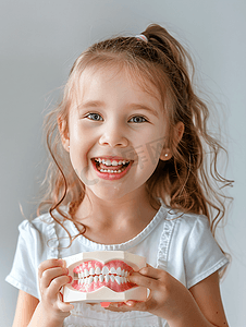 医疗清洁摄影照片_手拿牙齿模型的小女孩和牙医点赞