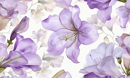 百合与小苍兰花水彩紫色无缝图案