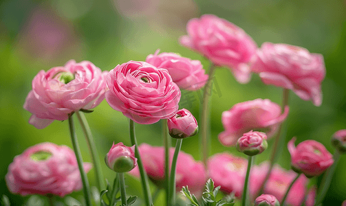 夏季植物装饰摄影照片_粉红色盛开的毛茛的特写选择性焦点