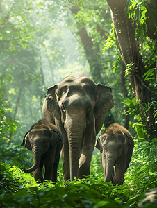 特定群体摄影照片_热带雨林绿草田野象家族