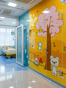 火锅卡通海报摄影照片_墙上是卡通人物的儿童病房