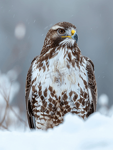 一只秃鹰坐在白雪皑皑的冬田上