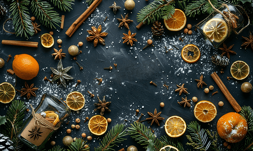新年小标题摄影照片_圣诞花卉小插图配有麦芽酒树枝、橙子和香料