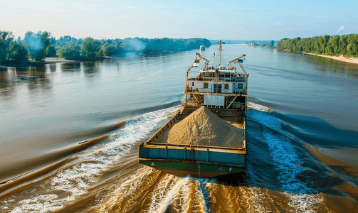 装载大量沙子的大型货船正在大河上航行