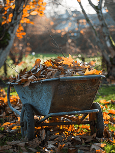 秋天花园里的花园独轮车装满了落叶和干草