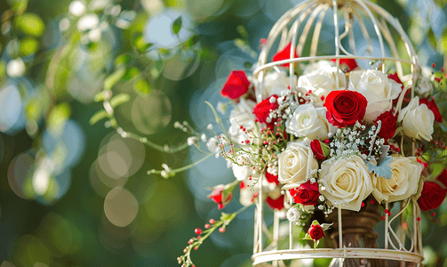 鸟笼玫瑰摄影照片_户外装饰鸟笼红色和白色玫瑰的婚礼装饰