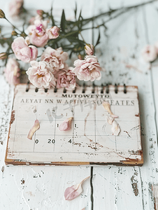 周日历摄影照片_白色木质背景上有八月标志和粉红色花朵的木制日历