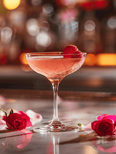 一堆水果卡通摄影照片_酒吧桌上玻璃杯中的玫瑰酒精鸡尾酒