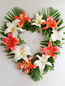 水彩花卉边框摄影照片_东方百合和小苍兰的热带心花环