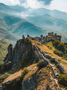 格鲁吉亚阿扎尔地区山顶旧希卡尼城堡的鸟瞰遗址
