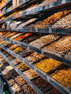 价格分类摄影照片_超市或杂货店货架上的葡萄干坚果和蜜饯水果