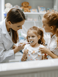女医生教儿童小女孩刷牙