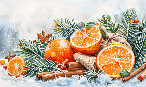 手绘小元素摄影照片_带有橙子和肉桂的圣诞水彩作品
