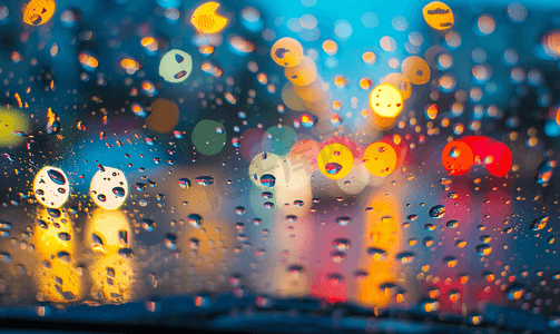 汽车晚上摄影照片_汽车玻璃上的雨滴和彩色交通散景灯