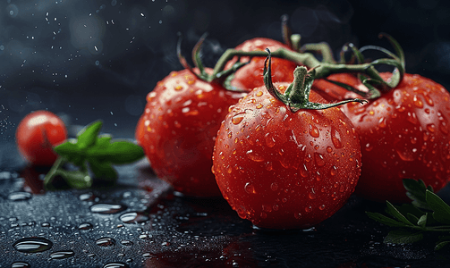 深色背景上有几个成熟的库马托番茄番茄上的水滴