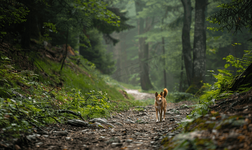 喀尔巴阡山脉森林中的多夫布什岩石和孤独野狗的小径