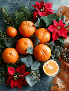 标题框gufeng摄影照片_圣诞花卉顶部小插图配有橙子、一品红和冬季树枝