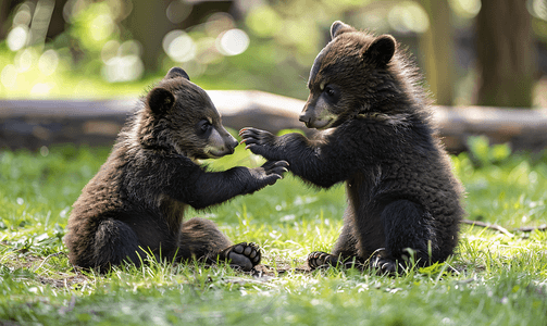 卡通哺乳动物摄影照片_可爱的棕熊和黑熊幼崽在夏天玩耍