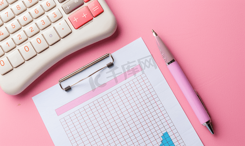 股权释放符号粉色纸张和笔计算器和图表