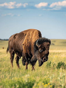 南达科他州草地上吃草的平原野牛