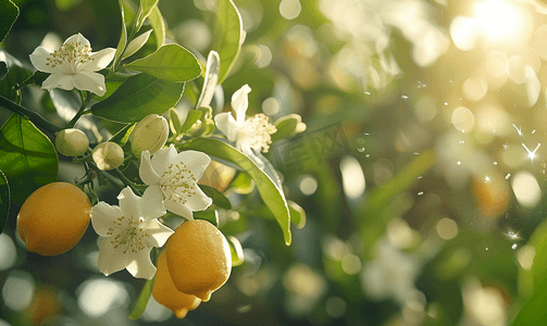 种植收获摄影照片_柠檬树上的一束新鲜白柠檬