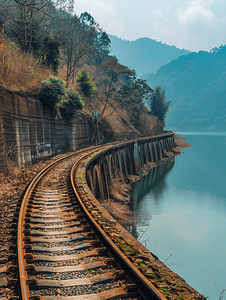 水库蓝色摄影照片_水库铁路线混凝土曲线桥