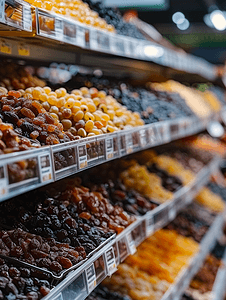 价格分类摄影照片_超市或杂货店货架上的葡萄干