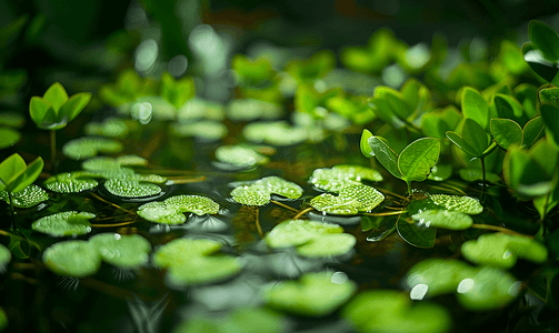 花园中浮萍叶漂浮在水面上的特写