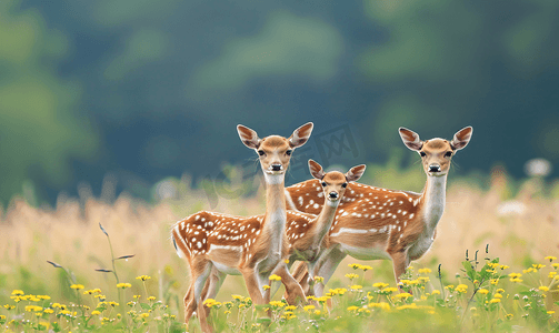春天中摄影照片_田野中的鹿群和两只小鹿