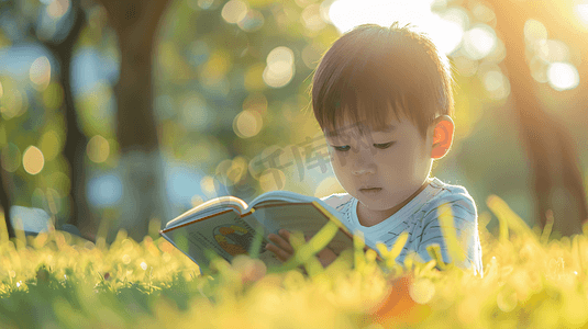 草坪上看书的儿童摄影10