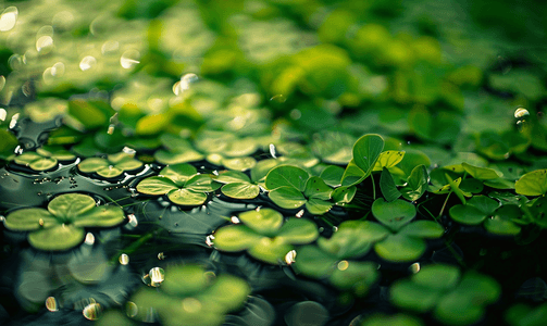 漂浮金箔片摄影照片_花园中浮萍叶漂浮在水面上的特写