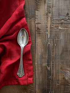 红色复古背景摄影照片_红色布餐巾的特写木桌上放着茶匙
