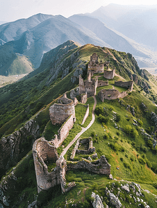 格鲁吉亚阿扎尔地区山顶旧希卡尼城堡的鸟瞰遗址