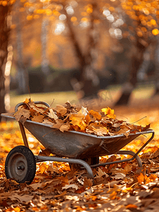 秋天花园里的花园独轮车装满了落叶和干草