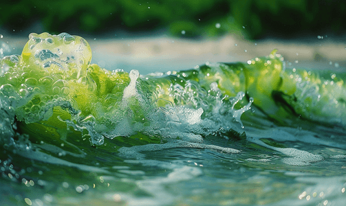 景观顶视图摄影照片_泡沫波和沙子大风天藻类产生的翡翠波