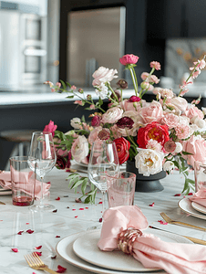 爱情装饰摄影照片_用鲜花和粉色餐巾装饰的餐桌