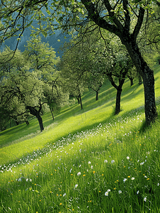 奇妙的绿色景观与开花的树木