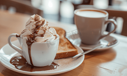 香蕉巧克力摄影照片_咖啡店白桌上的巧克力吐司冰淇淋和吐司