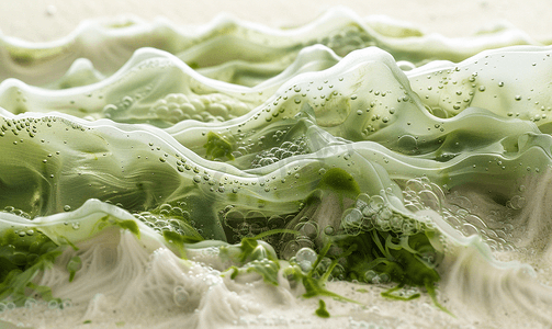 大风海浪摄影照片_泡沫波和沙子大风天藻类产生的翡翠波