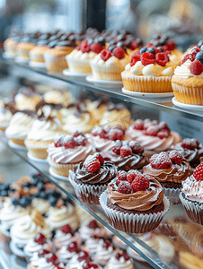 糕点水果摄影照片_糕点店橱窗展示着各种纸杯蛋糕和芝士蛋糕的选择性焦点