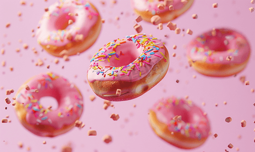 甜甜圈蛋糕摄影照片_运动中的釉面甜甜圈落在带有彩色糖粒的粉红色背景上